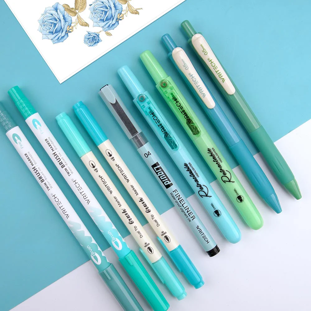 WRITECH 9 Piece Journal Kit with Pencil Case Blue and Green - Image 3