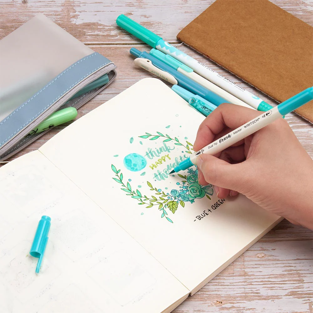 WRITECH 9 Piece Journal Kit with Pencil Case Blue and Green - Image 4