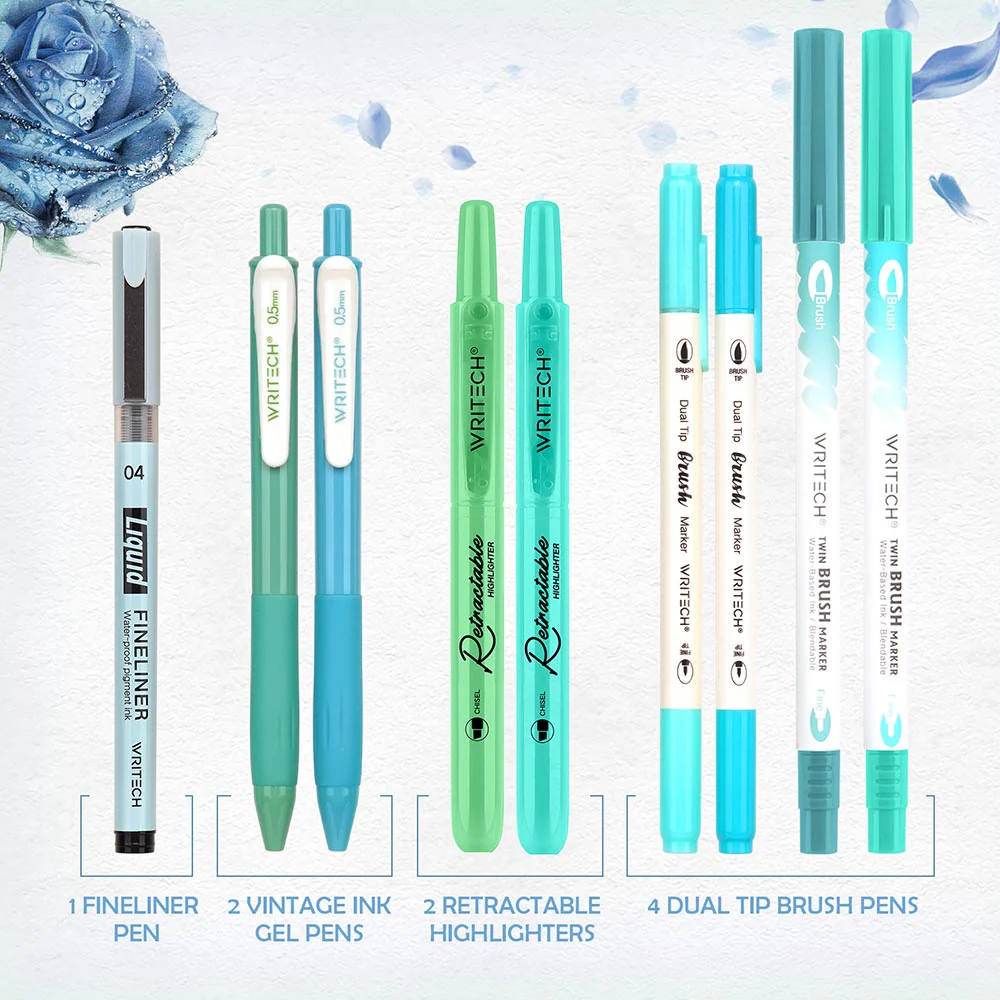 WRITECH 9 Piece Journal Kit with Pencil Case Blue and Green - Image 6