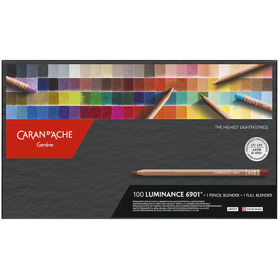 Caran d'Ache Luminance 6901 Professional Permanent Colour Pencil Box of 100 Assorted Coloured Pencils, 1 Pencil Blender + 1 Full Blender