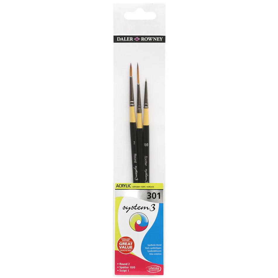 Daler-Rowney System3 Acrylic Short Handle Brush 301 Wallet of 3