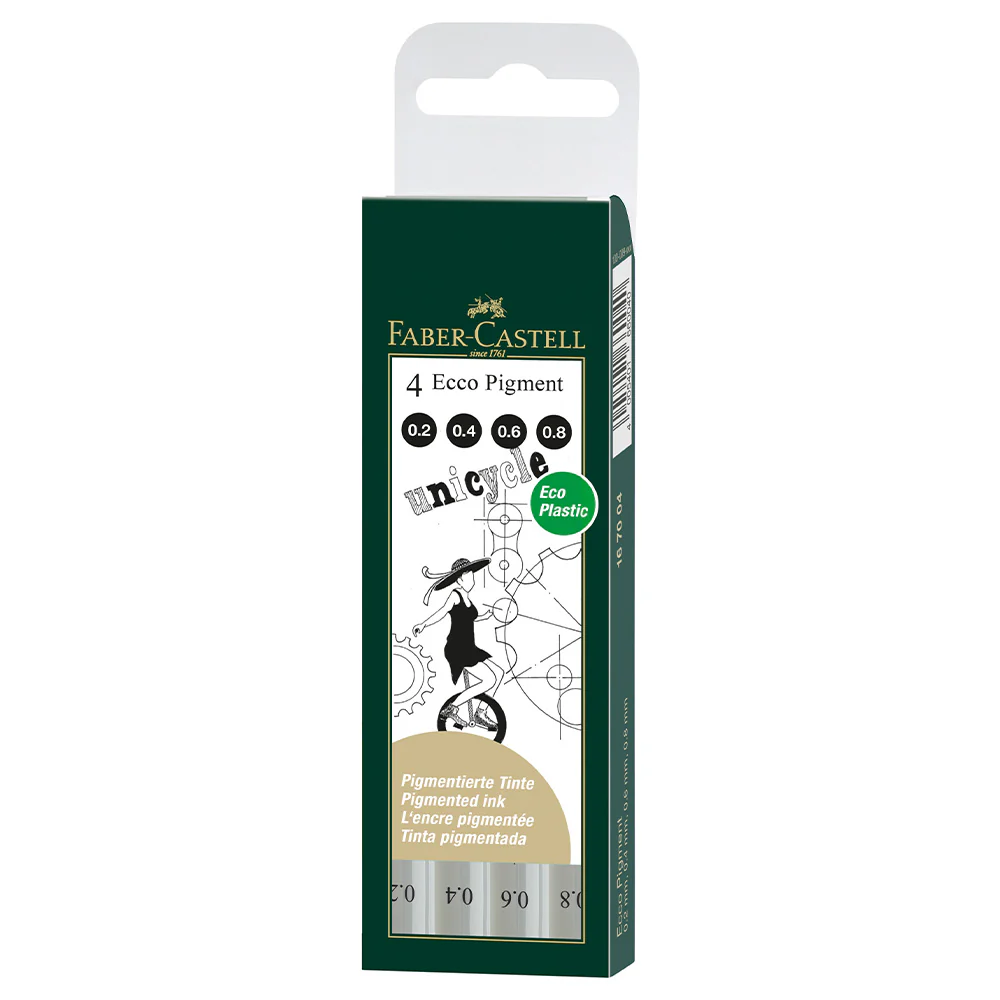 Faber-Castell Ecco Pigment Fibre Tip Pen Set of 4 Pens 0.2 0.4 0.6 & 0.8mm