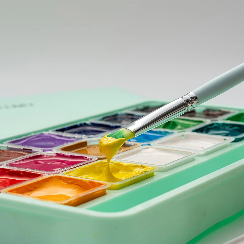 HIMI Jelly Cup Gouache Set of 18 Colours + 3 Brushes Green Case - Image 4
