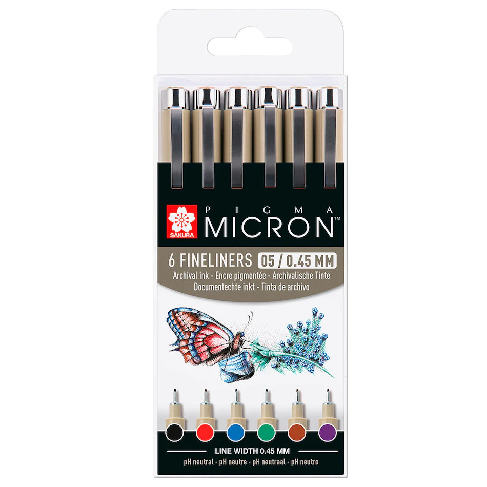 Sakura Pigma Micron Drawing Pens 05 Wallet of 6 Basic Colours