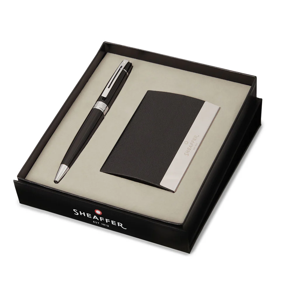 Sheaffer 100 G9338 Ballpoint Pen Glossy Black Lacquer with Chrome Trim and Business Card Holder Set
