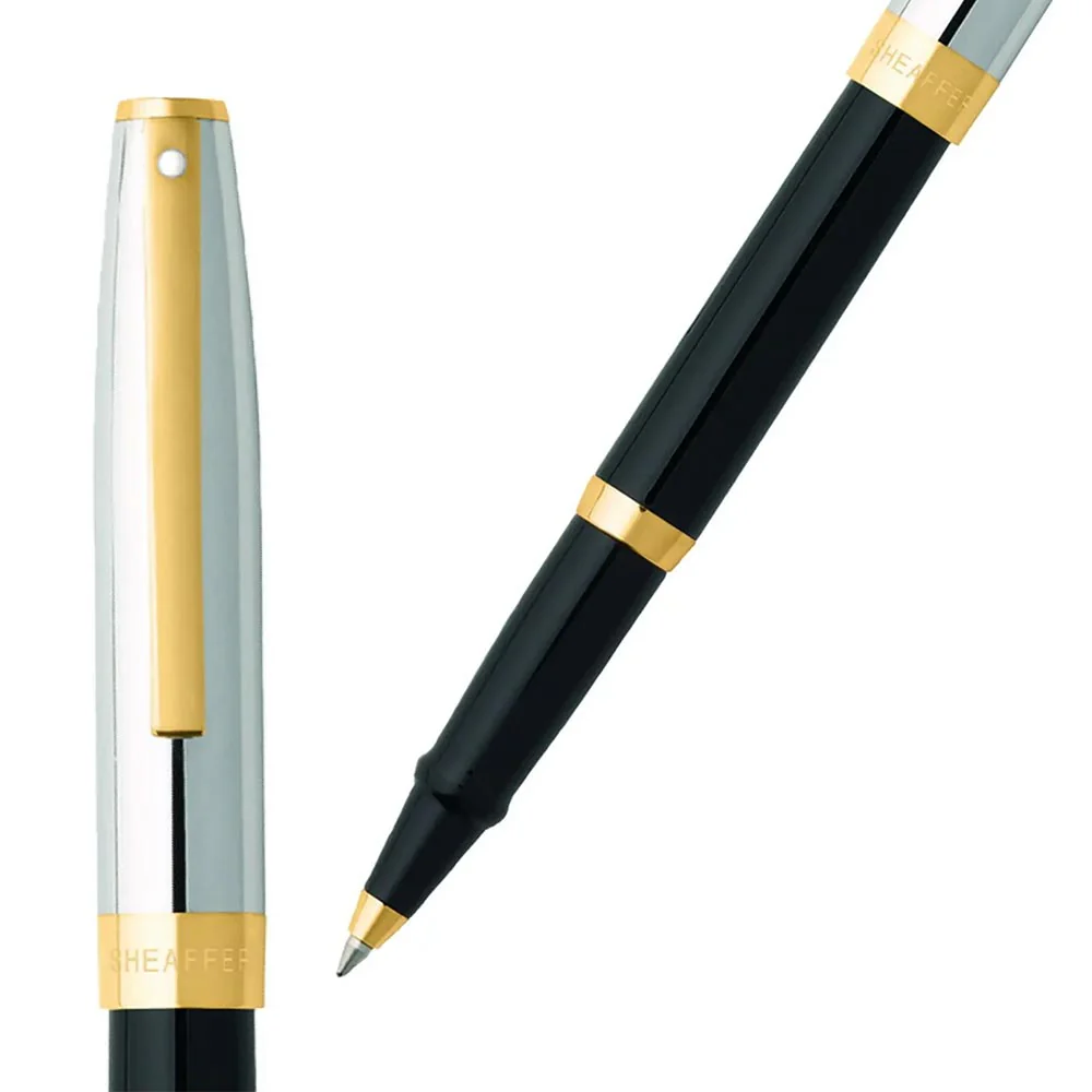 Sheaffer Sagaris E9475 Rollerball Pen Glossy Black Barrel with Chrome Cap and Gold Trim - Image 2