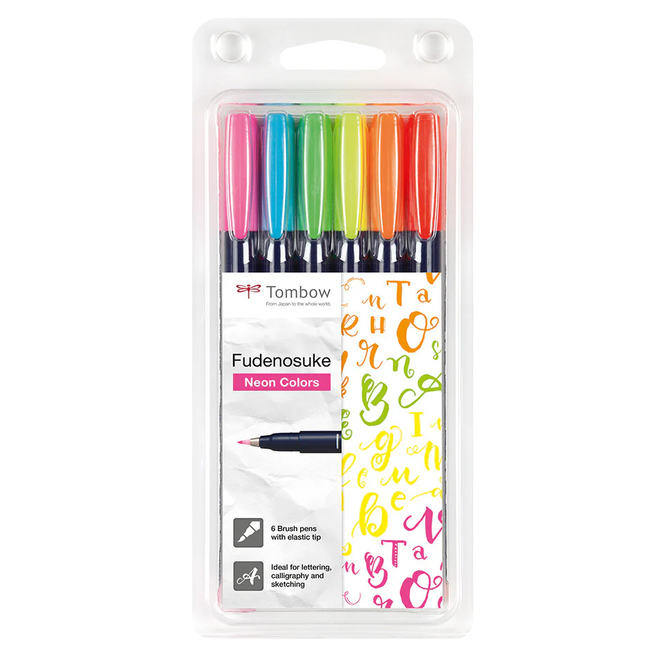 Tombow Fudenosuke Neon Colour Brush Pen Assorted Set of 6