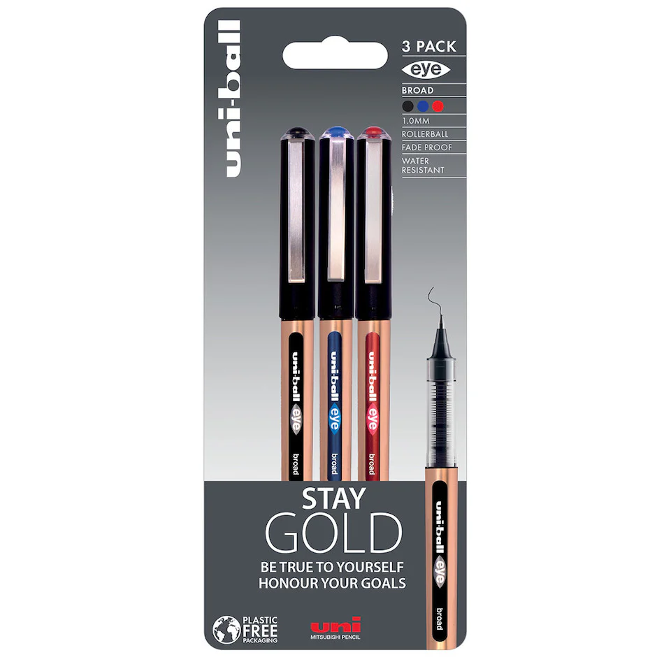 Uni-ball On Point Stay Gold Broad Rollerball Handwriting Pens 3 Pack Assorted