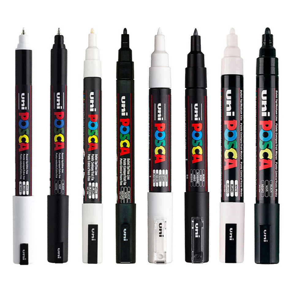 Uni POSCA Marker Pen PC-1MR Ultra-Fine to PC-5M Medium Set of 8 Black and White